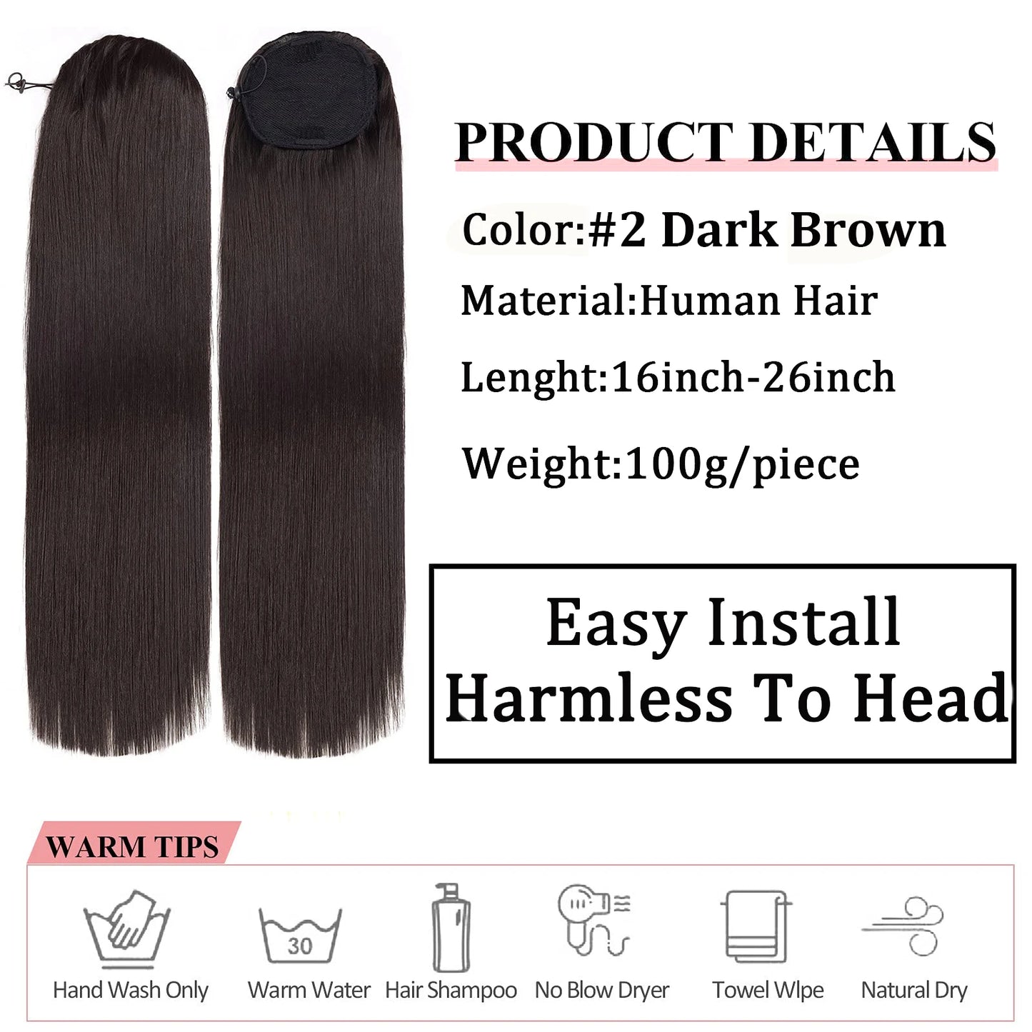 Brazilian Hair Ponytail Remy Human Hair Color #2, 16-26 Inch