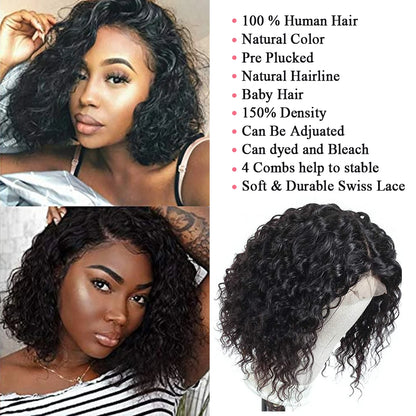 Short Malaysian Curly Human Hair Bob Wig With Baby Hair