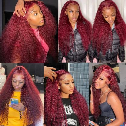 Deep Curly Lace Frontal Wig Transparent 99J Burgundy