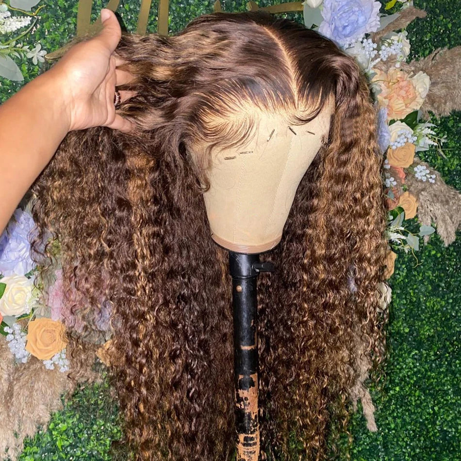 Highlight Honey Brown Glueless Colored Water Deep Wave Frontal Wig