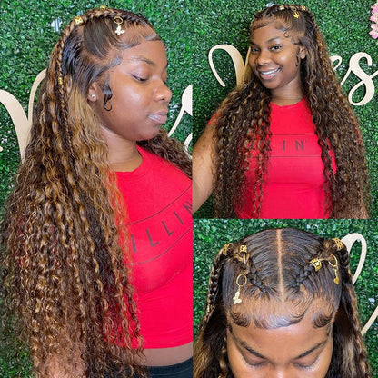 Highlight Honey Brown Glueless Colored Water Deep Wave Frontal Wig