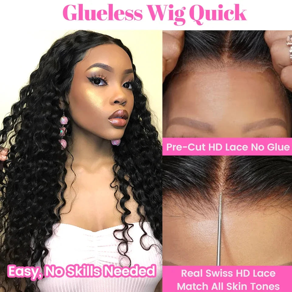 Deep Wave Glueless 150% Density Human Hair Ready To Wear Pre Plucked Wig