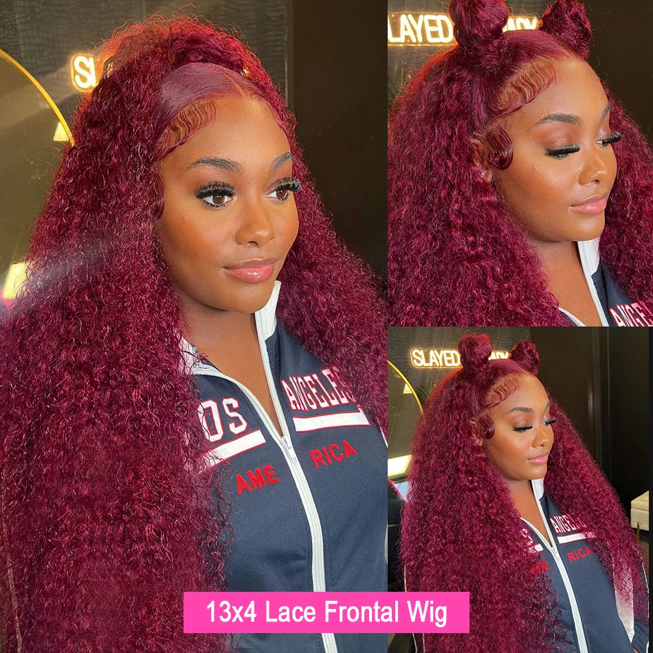 Deep Curly Lace Frontal Wig Transparent 99J Burgundy