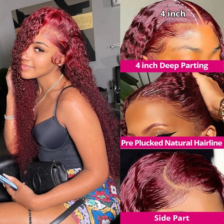 Deep Curly Lace Frontal Wig Transparent 99J Burgundy