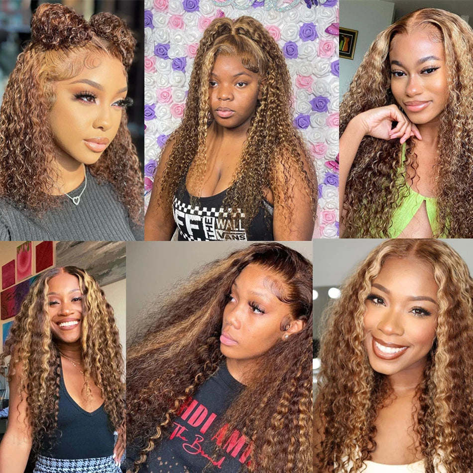 Highlight Honey Brown Glueless Colored Water Deep Wave Frontal Wig