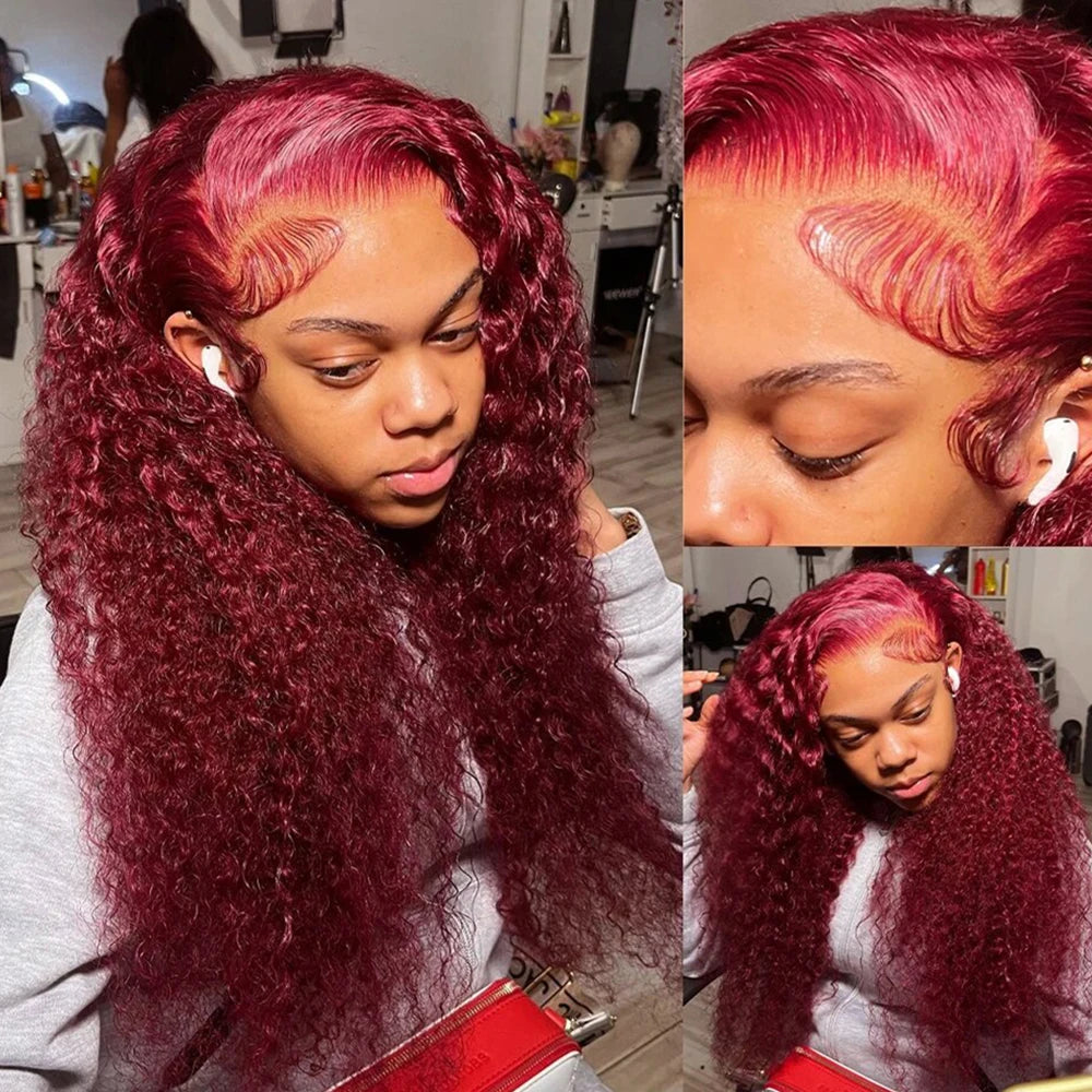 Deep Curly Lace Frontal Wig Transparent 99J Burgundy