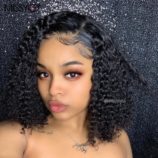 Curly Bob Wig Glueless Brazilian Curly Lace Frontal Human Hair  Preplucked Wig