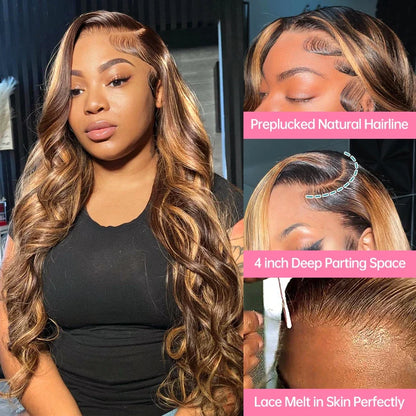 4/27 Highlight Body Wave Pre Plucked Remy Human Hair Wig