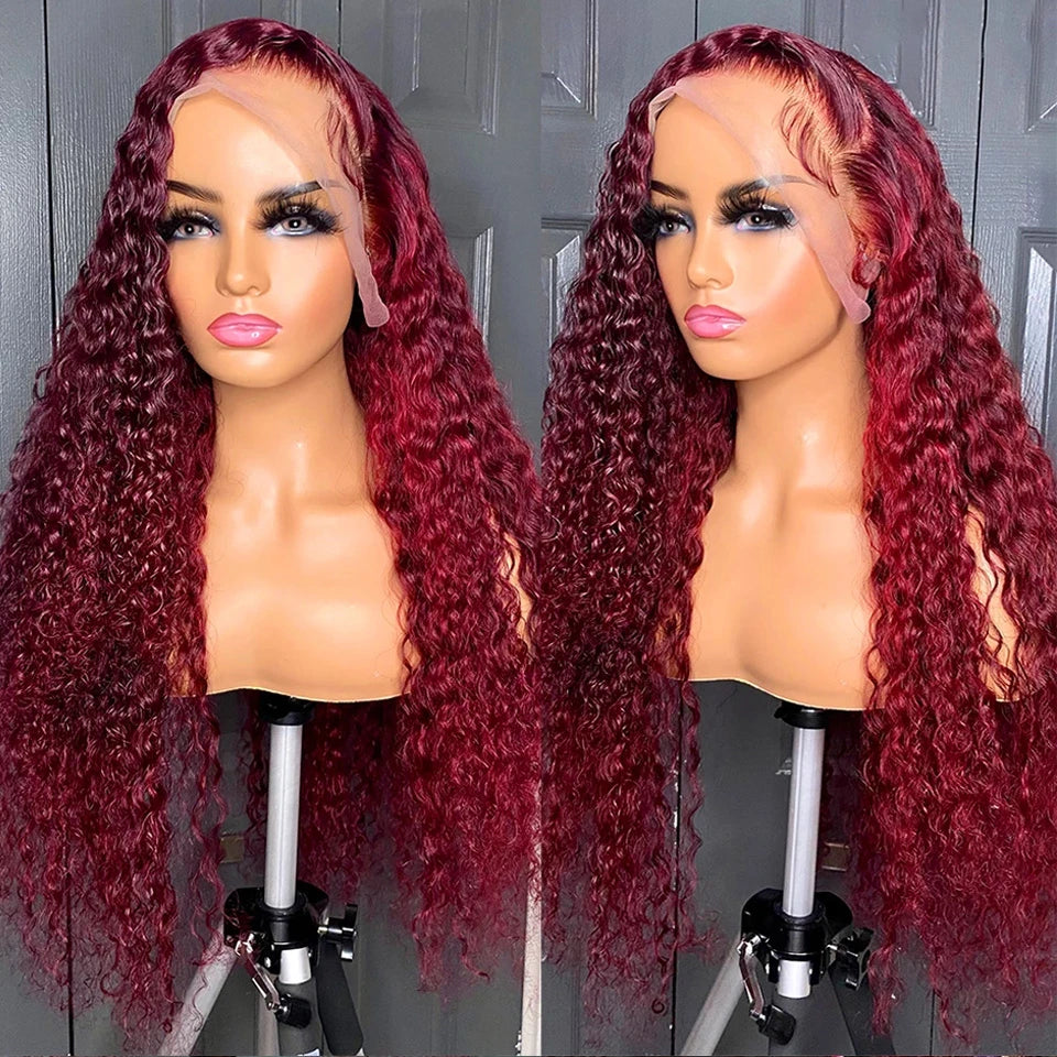 Deep Curly Lace Frontal Wig Transparent 99J Burgundy